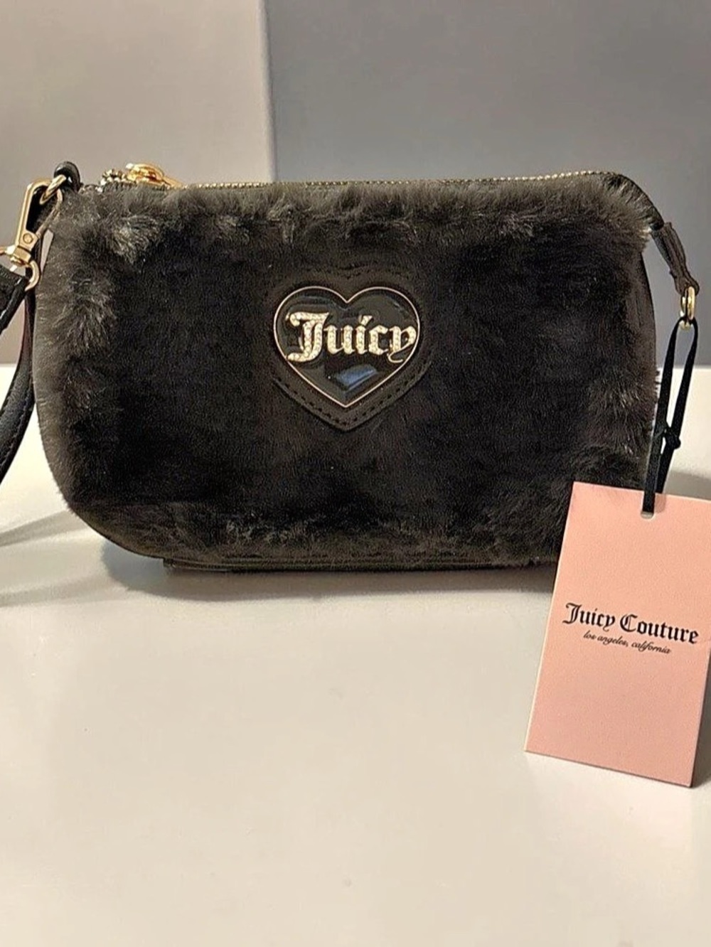 Juicy Couture Black Faux Fur Wristlet NWT